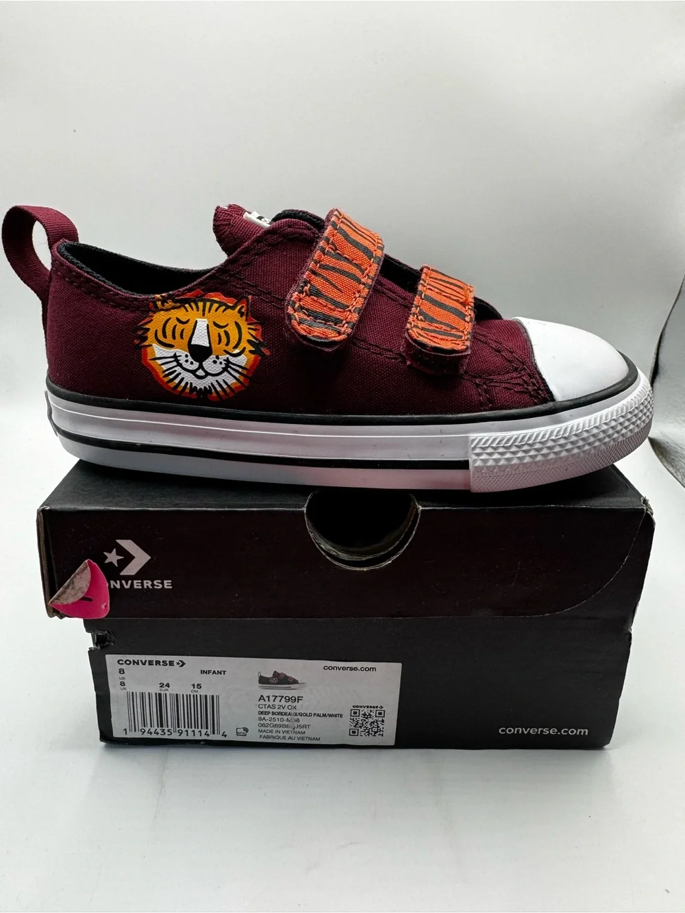 Converse Kids Burgundy Canvas Sneakers with Orange Tiger Straps